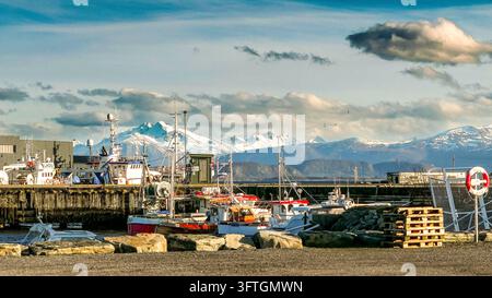 Fischereiboote und Hafenausrüstung entlang einer norwegischen Uferpromenade mit schneebedeckten Bergen im Hintergrund Stockfoto