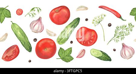 Nahtlose Bordüre mit verstreuten Gemüsen wie Tomaten, Gurken, Knoblauch, Chili, Dill, Meerrettich, Johannisbeerblättern und Pfefferkörnern. Handgemalt Stockfoto