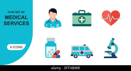 Satz von 6 flachen medizinischen und Gesundheitsdienst-Vektor-Icons auf weißem Hintergrund isoliert Stock Vektor