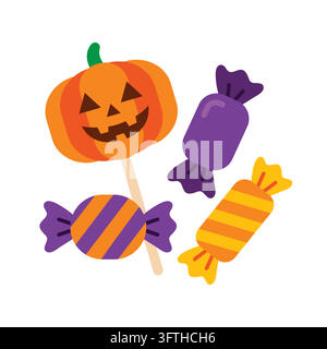 Halloween-Kürbislutscher und verschiedene verpackte Süßigkeiten-Vektorgrafik auf weißem Hintergrund isoliert Stock Vektor