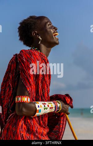 Maasai-Mann im Profil, der mit zurückgeneigtem Kopf in einer roten Shuka mit beperladenen Manschetten auf einem Holzstock lacht, Jambiani, Tansania Stockfoto