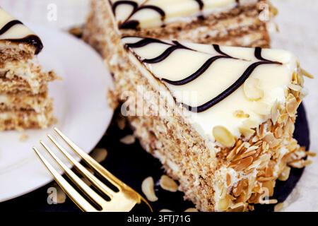 Traditioneller ungarischer Esterhazy-Kuchen mit Gitterdekoration auf dem Teller Stockfoto