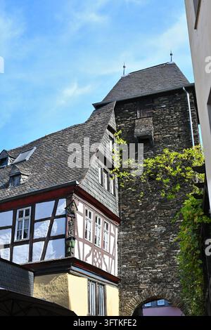 Alte Steinmauer, überwuchert von Weinreben, mit einem Tor in Cochem an der Mosel, Deutschland Stockfoto