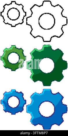 Vektorillustration von mechanischen Zahnradsymbolen im Linienstil, grün und blau im Flachdesign. Stock Vektor