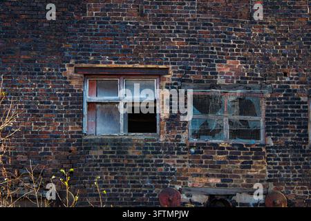 Verwitterte Ziegelwand eines alten Industriegebäudes mit zwei alternden Fenstern mit abgenutzten Rahmen und beschädigter Ziegelarbeit. Stockfoto