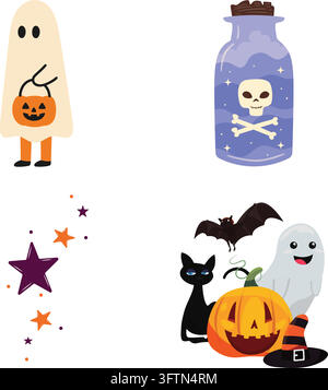 Niedlicher Halloween-Clipart-Set Geister-Trank-Flasche Kürbis-Katze Stock Vektor