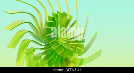 3D-Rendering einer abstrakten geometrischen Form mit gebogenen grünen und gelben Bändern, die sich in einem dynamischen Wirbel drehen, vor einem weichen pastellfarbenen Hintergrund. Stockfoto