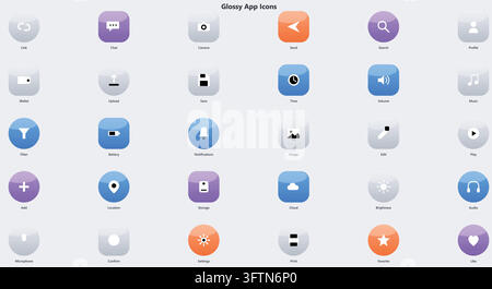 Glänzendes App-Symbol-Set Smartphone Mobile UI Anwendungsknöpfe Stock Vektor
