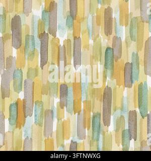 Nahtloses abstraktes Aquarellmuster mit vertikalen Pinselstrichen in Senfgelb, Salbeigrün, gedämpftem Türkis und Taupe. Weiches erdiges Design für Tapeten Stockfoto