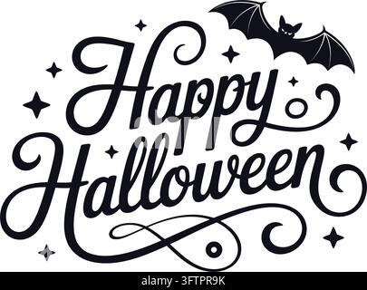 Fröhlicher Halloween-Text in eleganter Schrift mit Fledermausillustration Stock Vektor