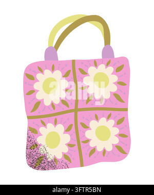 Rosa Blumen-Tragetasche mit bunten, handgezeichneten, flachen Blumenillustrationen Stock Vektor