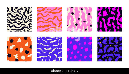 Dopamin-Tierdruck-Seitenmuster-Kollektion mit Groovy-Zebra- und Tigerdesigns Stock Vektor