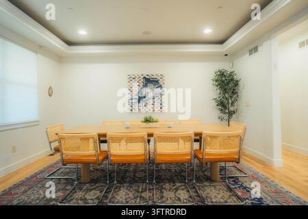 Modernes Esszimmer mit langem rechteckigem Holztisch, umgeben von acht Stühlen mit Strohsitzen und Ledersitzen, gemusterter Teppichflur, Einbauleuchter mit Tablett Stockfoto