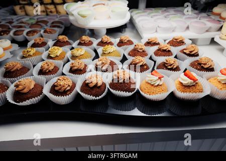 Nahaufnahme von verschiedenen Mini-Cupcakes, die in Papierförmchen auf einem glänzenden schwarzen Serviertablett arrangiert sind, Schokoladencupcakes mit Spritzgebäck aus Mokka-Glasur Stockfoto