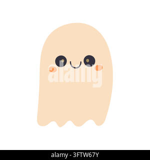 Niedlicher kawaii-Halloween-Geist mit großen ausdrucksstarken Augen, rosigen Wangen und einem freundlichen Lächeln. Minimale flache Vektorkunst, Pastellfarben und isoliert auf Weiß Stock Vektor