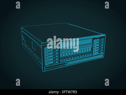 Vektorillustration eines Rack-Servers, Linienkunstzeichnung von Rechenzentrumshardware Stock Vektor