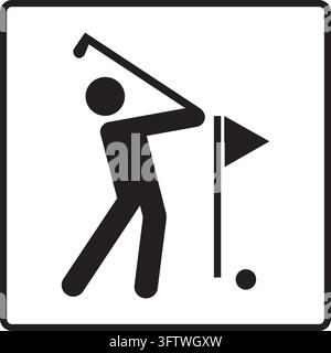 Ein Schwarz-Weiß-Symbol zeigt einen Golfer, der einen Schläger in Richtung eines Golfballs und eines Flaggenpfahls schwingt. Stock Vektor