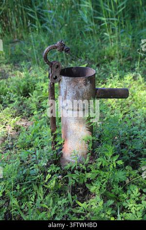 Eine verrostete altmodische handbetriebene Wasserpumpe steht in grünem Gras, mit verwitterten Metallteilen, und erinnert an eine nostalgische ländliche Atmosphäre. Stockfoto