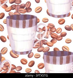 Wasserfarbene Keramik-Kaffeetassen mit verstreuten gerösteten Bohnen nahtloses Muster in warmen Brauntönen für Verpackung und Textildesign, handbemalt Stockfoto