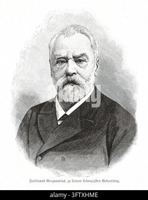 Ferdinand Gregorovius zu seinem siebzigsten Geburtstag – Porträt des deutschen Historikers und Schriftstellers mit Vollbart und formeller Kleidung. Stockfoto