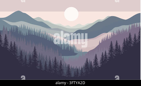 Schöne Berglandschafts-Vektorillustration mit Kiefernwald, Fluss und Sonnenuntergangshintergrund Stock Vektor