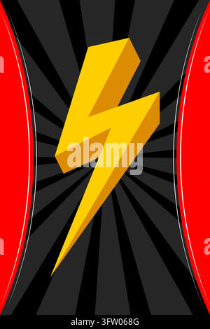 Blitzsymbol mit Sonnenstrahlhintergrund, fettes Energie- und Kraftgrafik Stock Vektor