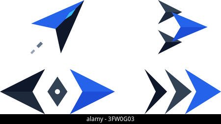 Abstraktes geometrisches Pfeillogo-Design mit blauen und dunkelmarinen dreieckigen Formen auf weißem Hintergrund Stock Vektor