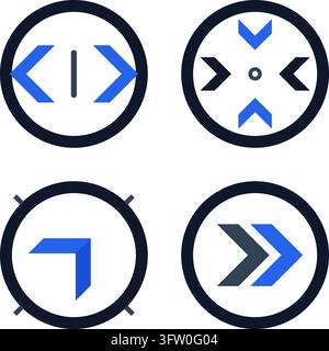 Satz von vier runden Vektor-Icons, die Code-, Expandier-, Minimier- und Schnellvorwärts-Aktionen darstellen Stock Vektor