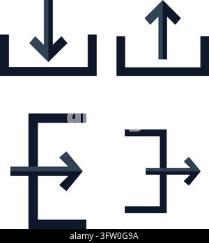 Satz von vier dunkelblauen Vektor-Icons, die Download-, Upload-, Import- und Export-Aktionen auf weißem Hintergrund darstellen Stock Vektor