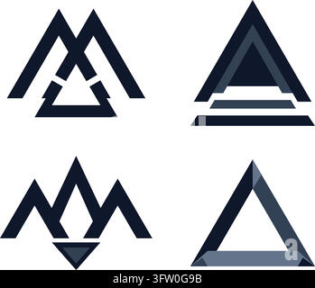Satz von vier modernen abstrakten geometrischen Dreiecks-Logo-Konzepte in Marineblau isoliert auf weißem Hintergrund Stock Vektor