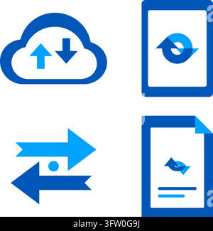 Blaues Vektor-Symbolset für Cloud-Computing, Datenübertragung und digitale Dateisynchronisierung auf weißem Hintergrund Stock Vektor