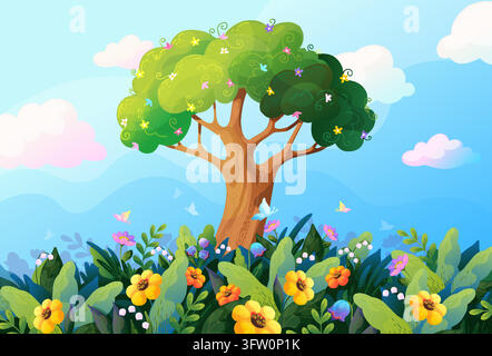 Solcher Wald. Illustrierter Feenblumengarten, Frühlingskinder-Märchenbaum oder magische Dschungellandschaft, Schmetterlinge und weiche Wolken. Niedlicher verzauberter Boden Cartoon flacher Stil isolierter Vektorhintergrund Stock Vektor