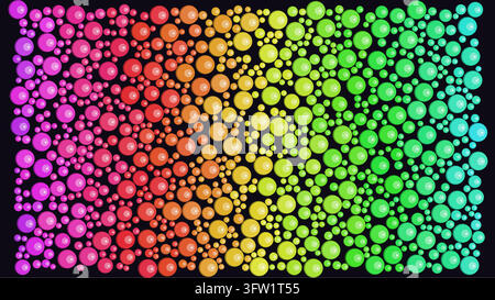Eine farbenfrohe Vektorillustration mit einem lebendigen Regenbogenverlauf aus glänzenden kreisförmigen Punkten, die nahtlos über einem dunklen Hintergrund angeordnet sind Stock Vektor