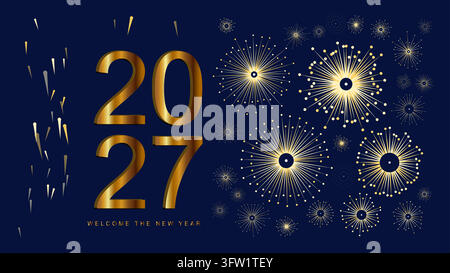 2027 Neujahrs-Vektorillustration mit goldener 3D-Typografie und hellen Feuerwerksausbrüchen vor einem dunkelblauen Hintergrund mit Konfetti Stock Vektor