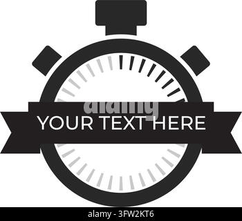Stoppuhren-Timer-Uhr-Symbol mit einem schwarzen Banner für Ihren benutzerdefinierten Text. Minimalistisches Design für Zeitmanagement-Konzepte. Stock Vektor