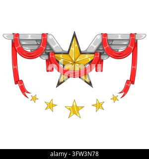 Illustration eines fünfzackigen Sterns mit metallischen Flügeln und schwebenden Bändern, präsentiert in lebendigen Farbtönen mit detaillierten Oberflächen für kreative Designs Stockfoto