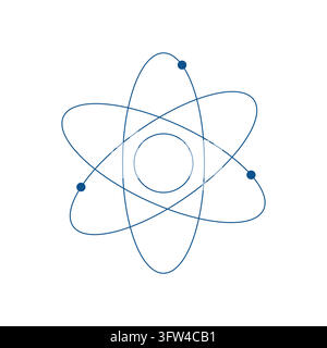 Ozeanblaue Orbitringe um einen Kreis, Drahtgitter im Atomstil mit Elektronenpunkten auf geneigten Ellipsen, Vektor-Linienkunst auf Weiß Stock Vektor