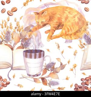 Nahtloses Muster einer schlafenden Ingwerkatze, die sich auf weichem Stoff zwischen getrockneten Blumen, offenen Büchern, gestreifter Kaffeetasse und verstreuten Kaffeebohnen für Gemütlichkeit zusammenrollt Stockfoto