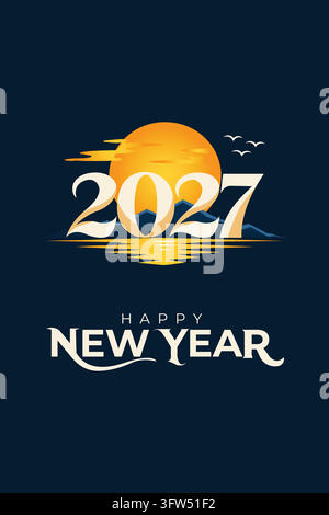 Poster "Frohes neues Jahr 2027" mit goldenem Sonnenuntergang und Berglandschaft Stock Vektor