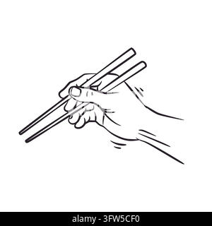 Eine saubere Linienillustration, die eine menschliche Hand zeigt, die ein Paar hölzerne Essstäbchen korrekt hält. In einem klaren schwarzen Skizzenstil auf Weiß dargestellt Stock Vektor