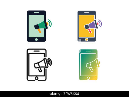 Diese Vektorsymbolsammlung zeigt ein modernes Smartphone-Display mit einem Sendemegaphon, das mobile Werbung und digitale Push-Benachrichtigungen repräsentiert Stock Vektor
