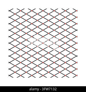 Isometrisches Diamantgitter mit korallenfarbenen Knotenpunkten, Kohlefarbenes diagonales Rastermuster, technisches Design auf Weiß. Stock Vektor