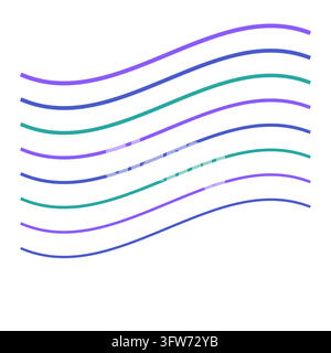 Acht weit geschwungene, groovige Fließlinien in Indigo, Violett und Türkis, die sich über weißen Raum winden. Stock Vektor