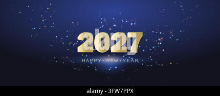 Neujahrseinschrift mit goldenen Zahlen 2027 auf blauem Hintergrund mit Funken. Stock Vektor