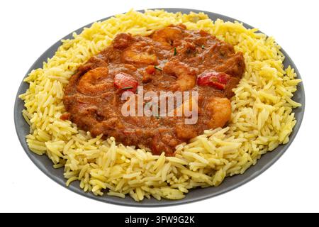 Indisches Bhuna-Curry serviert auf einem Teller mit Pilau-Reis - weißer Hintergrund Stockfoto