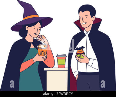 Menschen in Halloween-Kostümen, die Cupcakes essen und trinken, isoliert auf transparentem Hintergrund Stock Vektor