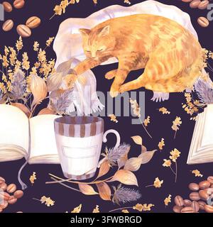 Nahtloses Muster einer schlafenden Ingwerkatze, die sich auf weichem Stoff zwischen getrockneten Blumen, offenen Büchern, gestreifter Kaffeetasse und verstreuten Kaffeebohnen auf dunklem Grund zusammenrollt Stockfoto