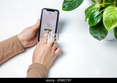 Eine Person, die eine Smartphone-Shopping-App mit einem Laptop und einer grünen Zimmerpflanze auf einem weißen Schreibtisch nutzt. Konzept für Mobile Commerce und Online-Einzelhandel. Stockfoto