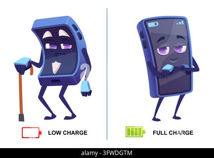 MASCOT-FIGUREN FÜR SMARTPHONES MIT NIEDRIGER UND VOLLER LADESTUFE MIT BATTERYSYMBOLEN Cartoon-Vektor-Set Stock Vektor