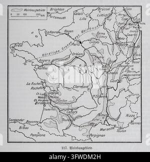 Historische Karte mit dem Titel „117. Weinbaugebiete“, die Weinberge und weinproduzierende Gebiete in ganz Frankreich und den benachbarten Regionen zeigt, mit Städten wie Paris, Bordeaux, Reims, Lyon, Marseille, Toulouse, Dijon, Straßburg, Genf und Brüssel. Aus E. v. Seydlitzsche Geographie, einem deutschen Geografiebuch, das 1914 veröffentlicht wurde. Stockfoto